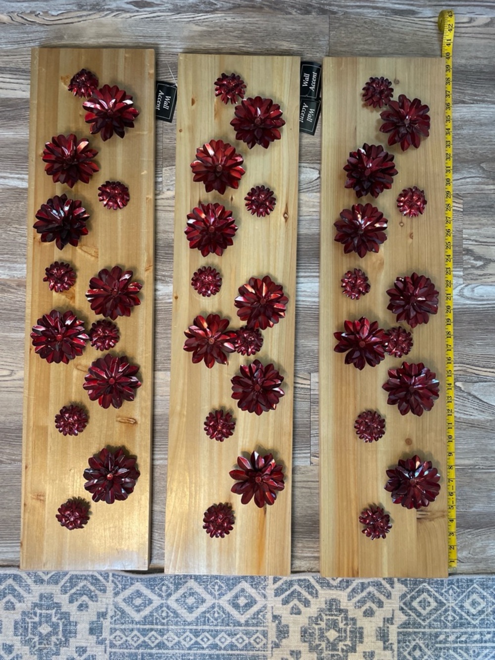 Wood Panel Wall Art with Red Metal Flower Accents - Set of 3